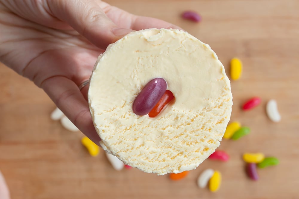 Assembling the gluten-free ice cream sandwiches - adding hidden jelly beans!