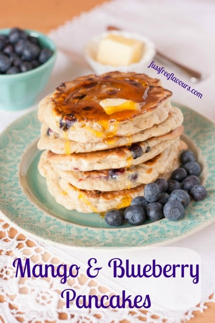 Mango and blueberry american pancakes by fuss free flavours