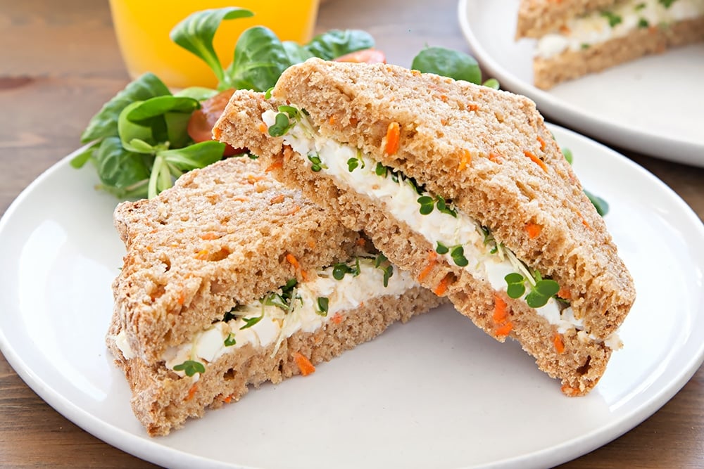 The finished home-grown carrot soda bread egg and cress sandwiches, ready to eat or be packed in foil ready for a packed lunch!