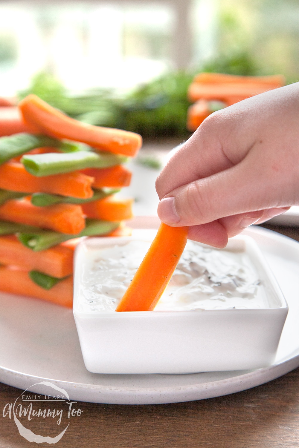 These home-grown carrot and runner bean towers with mint yogurt dip are lots of fun to make and eat!