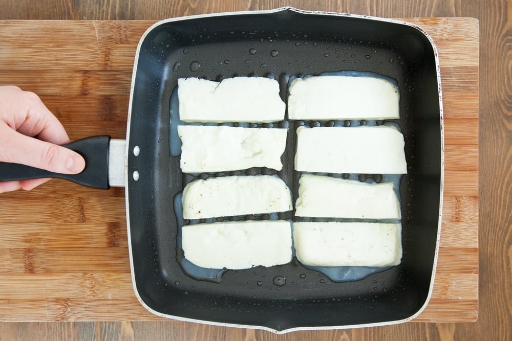 Frying halloumi on a griddle pan