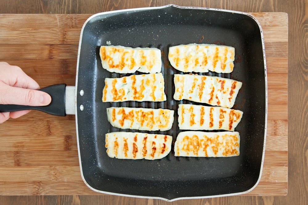 Griddled halloumi, ready to top our gluten-free meze-inspired crumpets