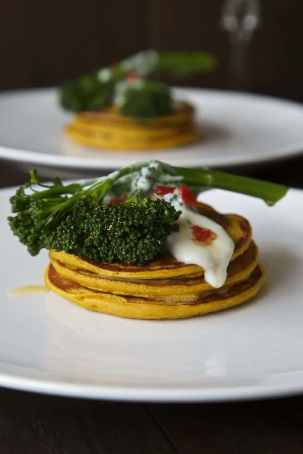 pumpkin pancakes with chilli fired tenderstem broccoli by thinly spread