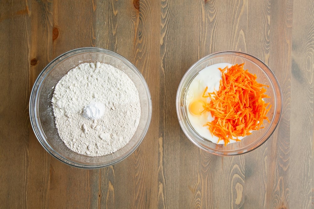 Mixing the dry and wet ingredients in separate bowls, to make the dough for the carrot soda bread