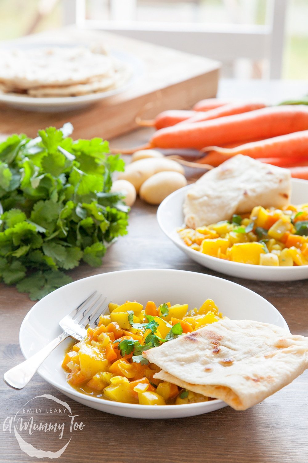 Home-grown carrot and mango curry with home-made spices and 5 minute naan bread - a delicious meal that kids can get involved with cooking!