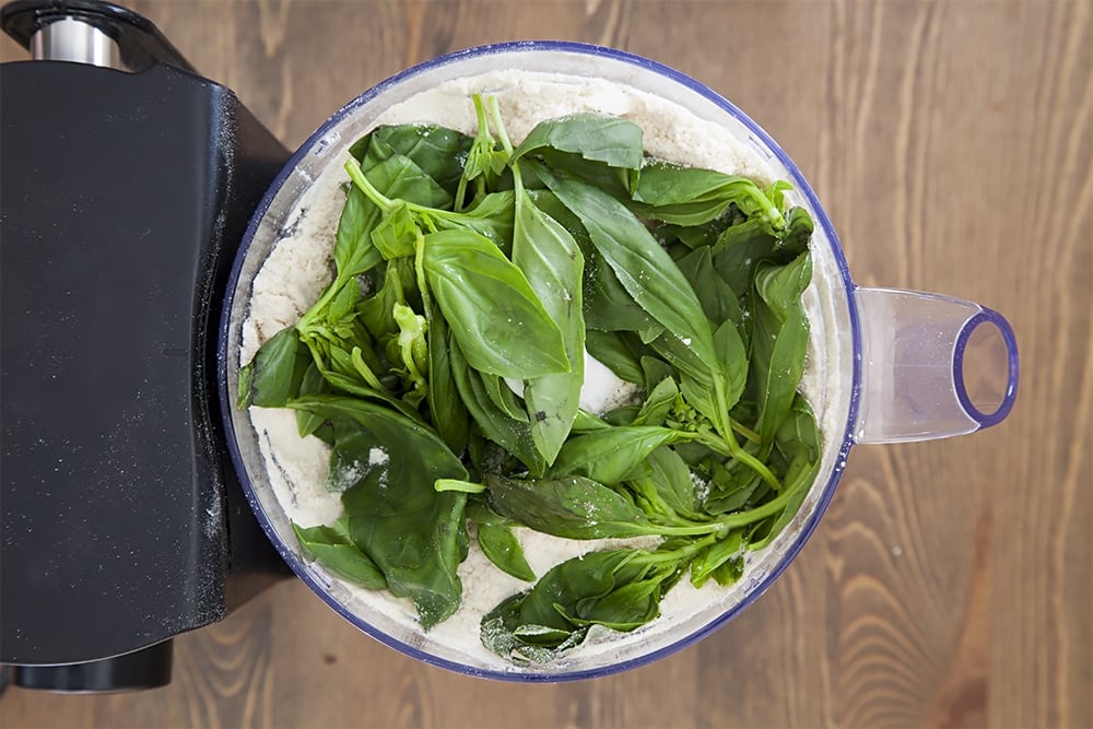 Preparing the basil infused pastry - adding egg and basil to the mix