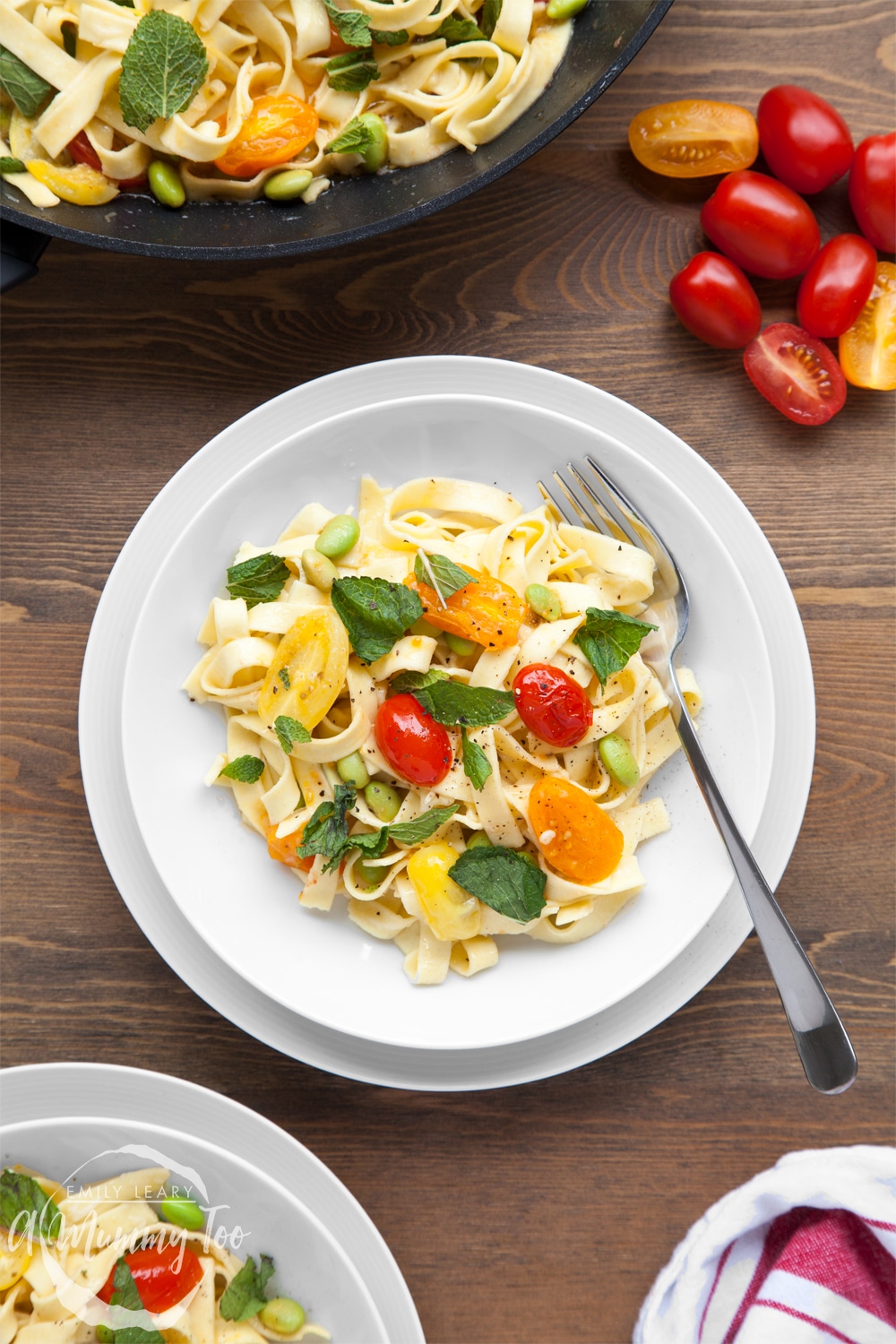Tagliatelle with tricolour tomatoes, edamame and mint
