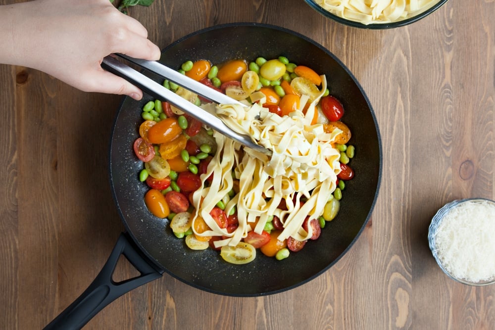 Add the tagliatelle to the frying pan, helping to embed some of those flavours in it