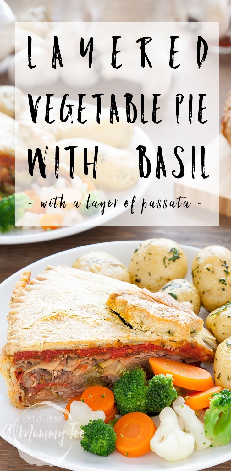 This layered vegetable pie with basil infused pastry is a deliciously warm meal! #recipe #pie