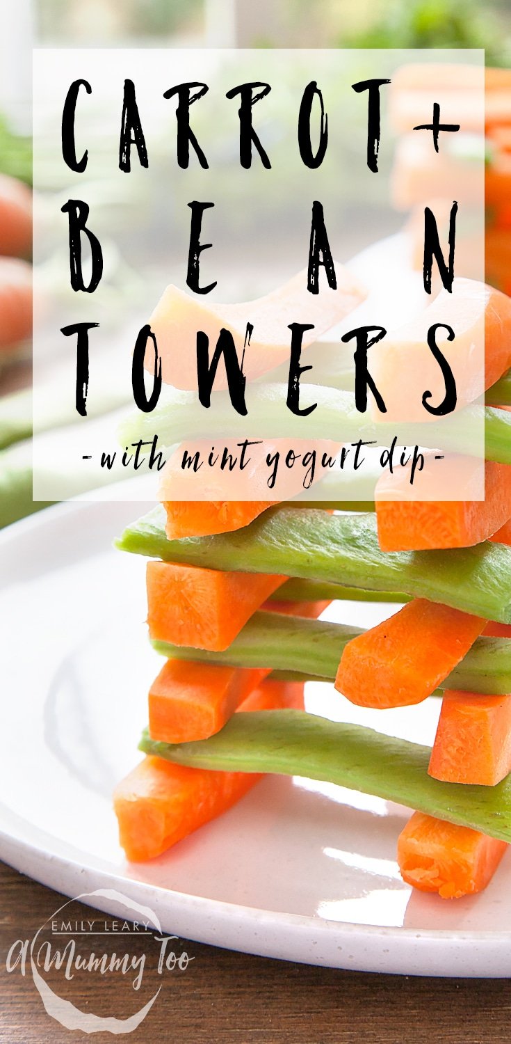 Home-grown carrot and runner bean towers with mint yogurt dip - delicious and lots of fun! #recipe