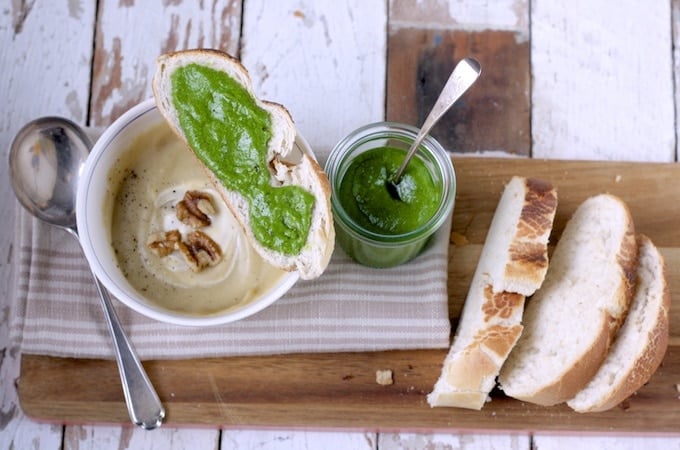 roasted parsnip soup with watercress pesto by feeding boys