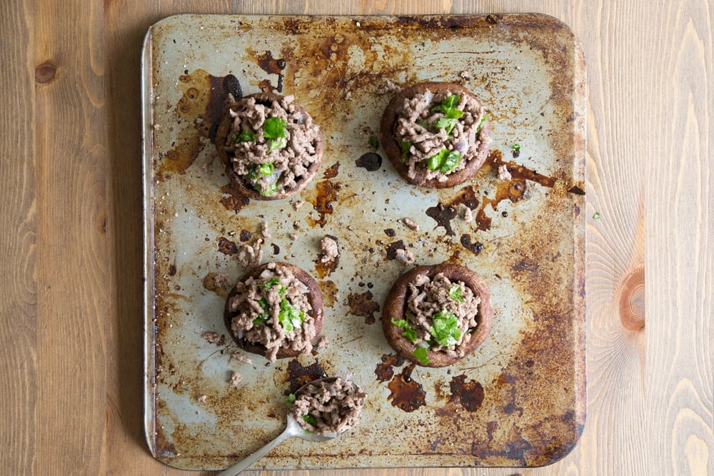 Assembling the Irish beef stuffed portobello mushrooms