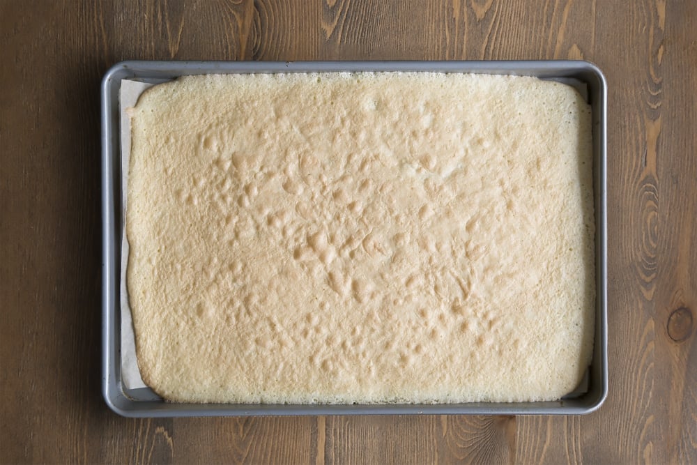 a baking tray lined with greaseproof paper with the vanilla cake cooked in a thin layer