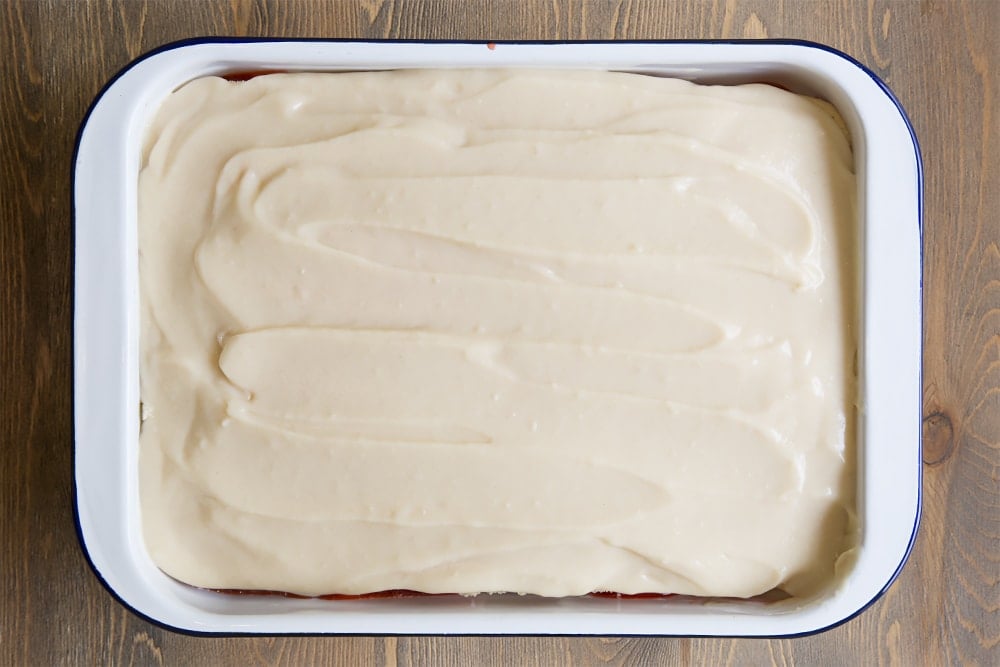 Assembling the strawberry lasagne, layer by layer