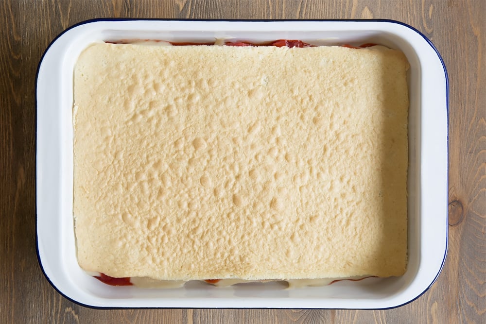 Assembling the strawberry lasagne, layer by layer