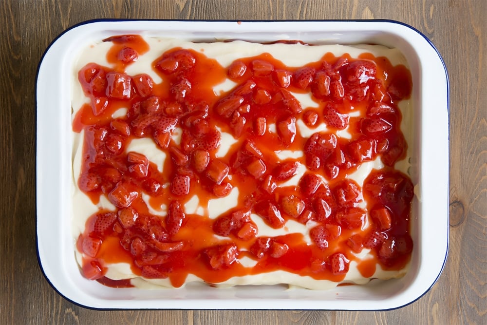 Assembling the strawberry lasagne, layer by layer