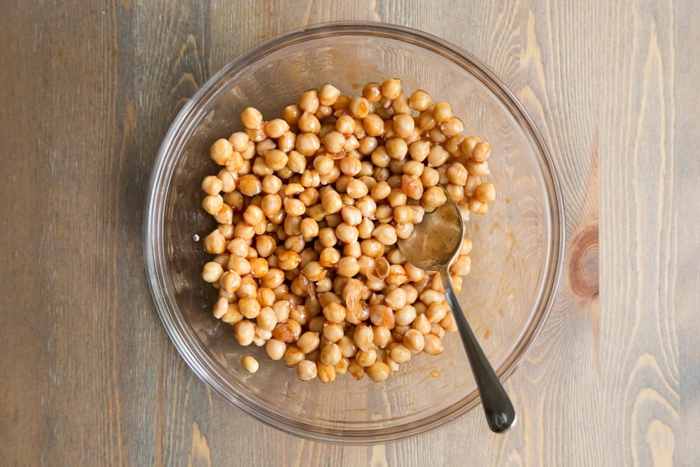 BBQ chickpeas, shown in a glass bowl