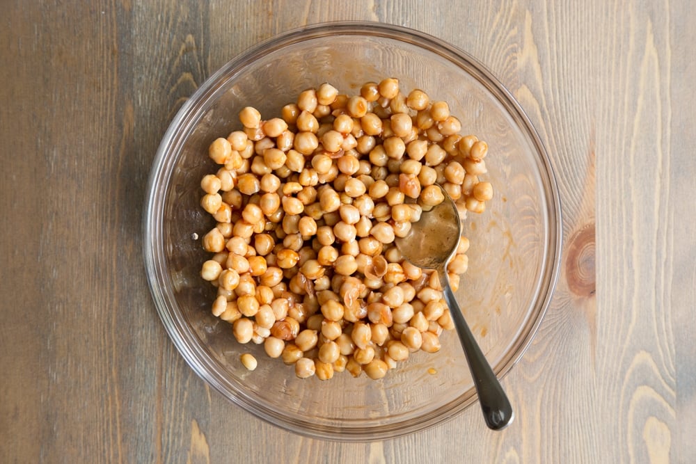 BBQ chickpeas, shown in a glass bowl