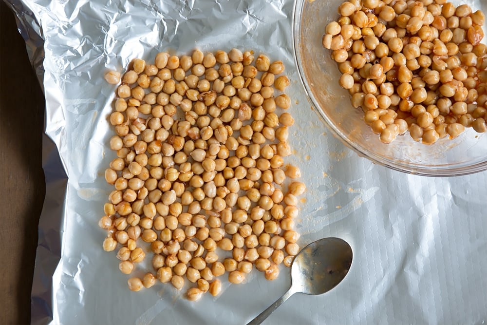 BBQ chickpeas shown on foil, ready to be prepared for the BBQ