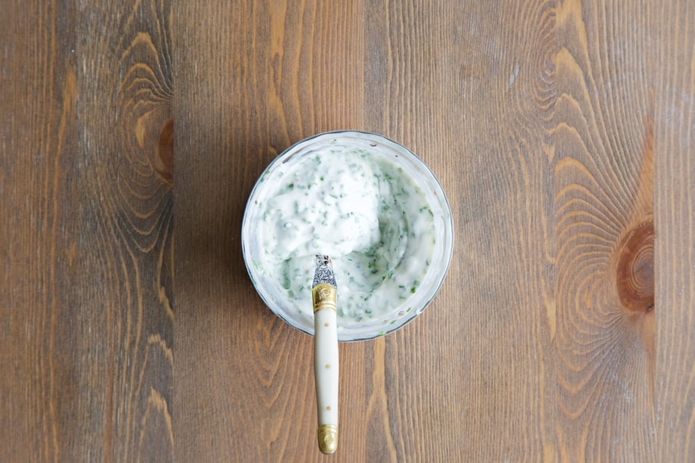Sour cream, chives and lemon juice dressing - mixed and ready to accompany your chickpea wraps