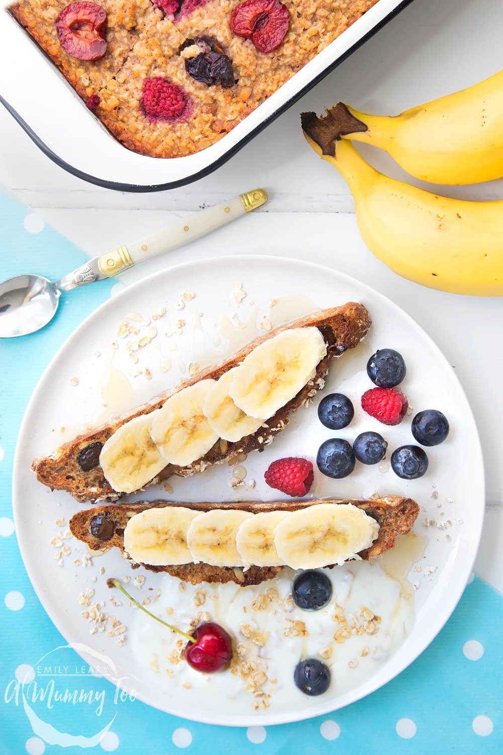 Easy, delicious homemade fruit loaf featuring summer berries - shown here toasted and topped with summer fruits and bananas
