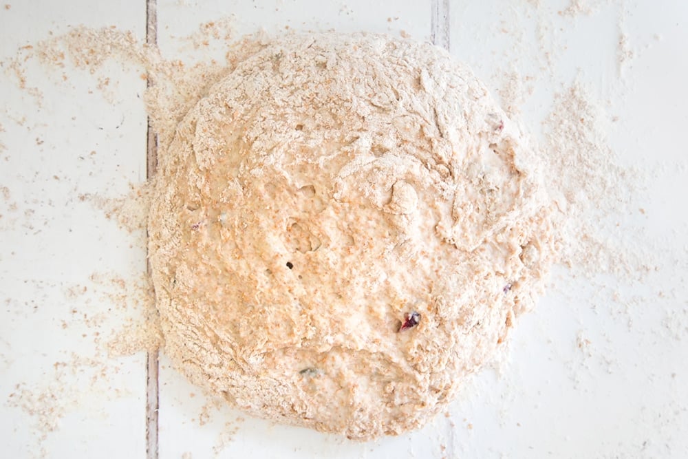 The fruit loaf dough, shown ready to be kneaded into shape before baking