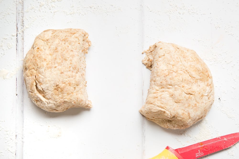 To make the lime and chilli crackers and gruyère and chive crackers, split the dough in half - one for each flavour