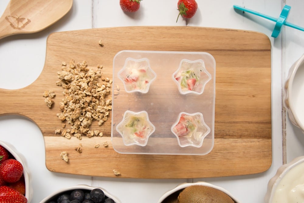 Fill the ice lolly moulds with your frozen yogurt mix