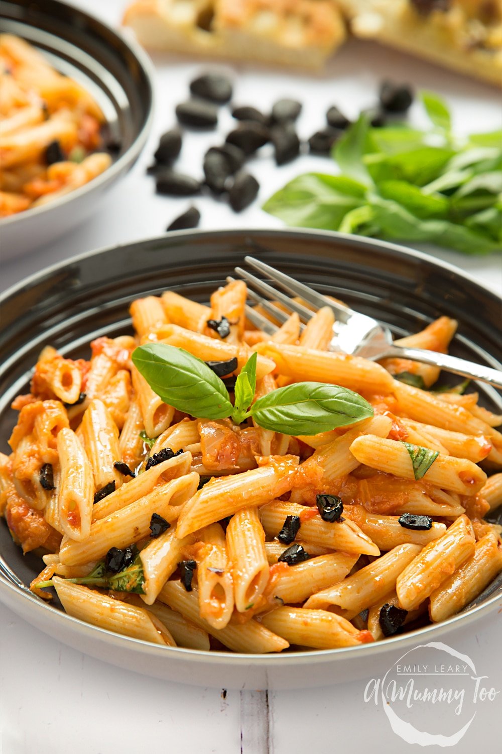 Penne alla black garlic vodka, topped with slivers of black garlic and served ready to enjoy!