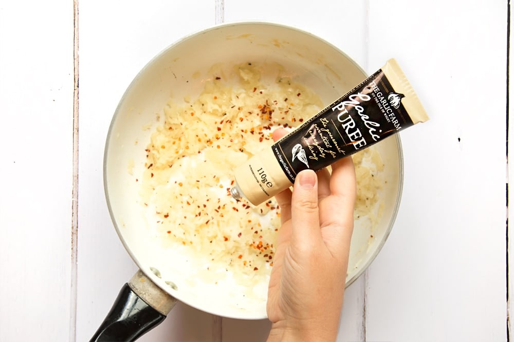 Chilli flakes, garlic and butter are added for extra flavour - featuring The Garlic Farm garlic puree