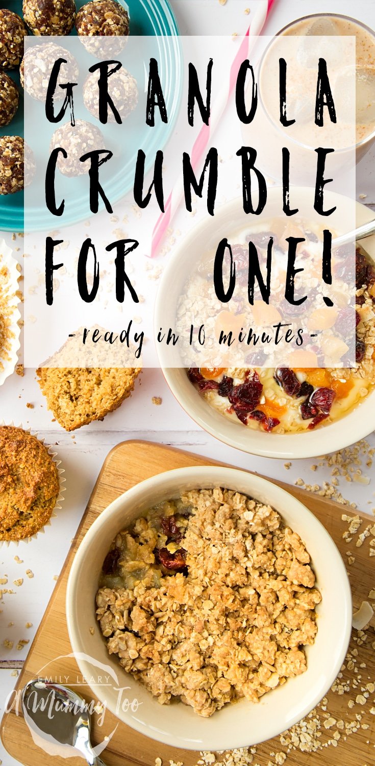 This apple cherry granola crumble is super quick and easy to prepare in only 10 minutes! It makes a great treat for one. Find this recipe and more granola treat ideas at amummytoo.co.uk #desserts #granola #recipe