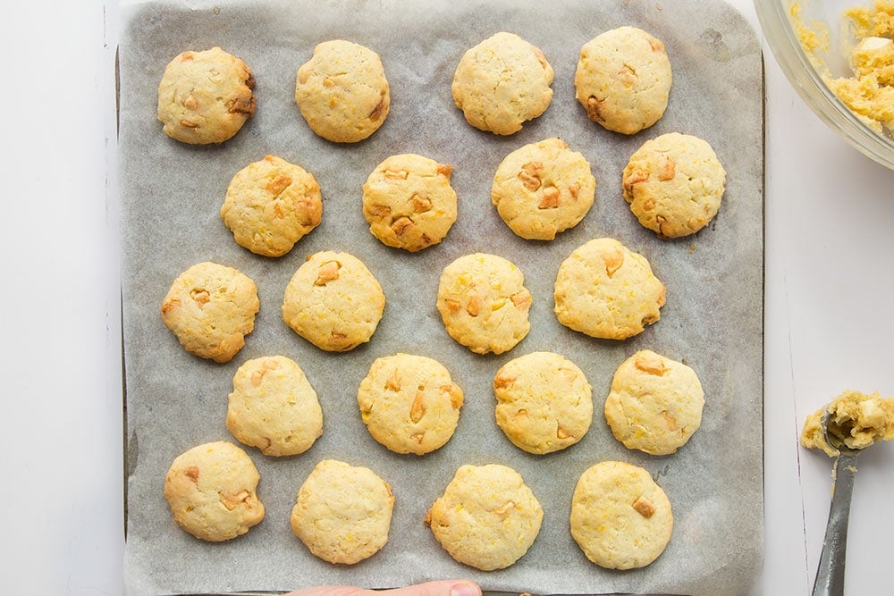 Freshly baked, golden sweetcorn and white chocolate cookies