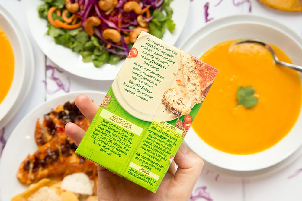 Close up of the Heinz soup packaging, showing how to cook