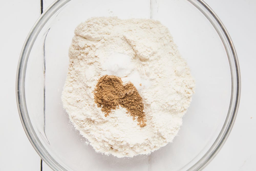 Dry ingredients shown in a glass bowl, ready to make the homemade flatbread wrap