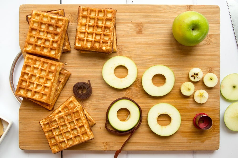 Fruit leather is wrapped around the sliced apple