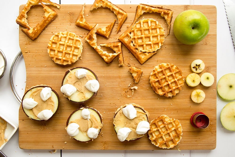 Assembling the waffle apple burgers