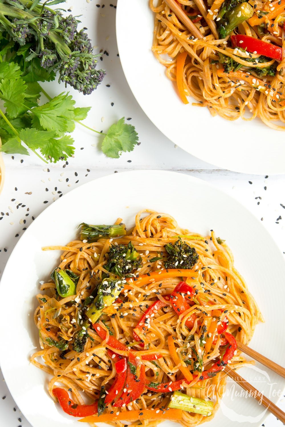 Delicious, tangy sweet and sour ketchup noodle stir fry shown served in bowls on a table ready to enjoy!
