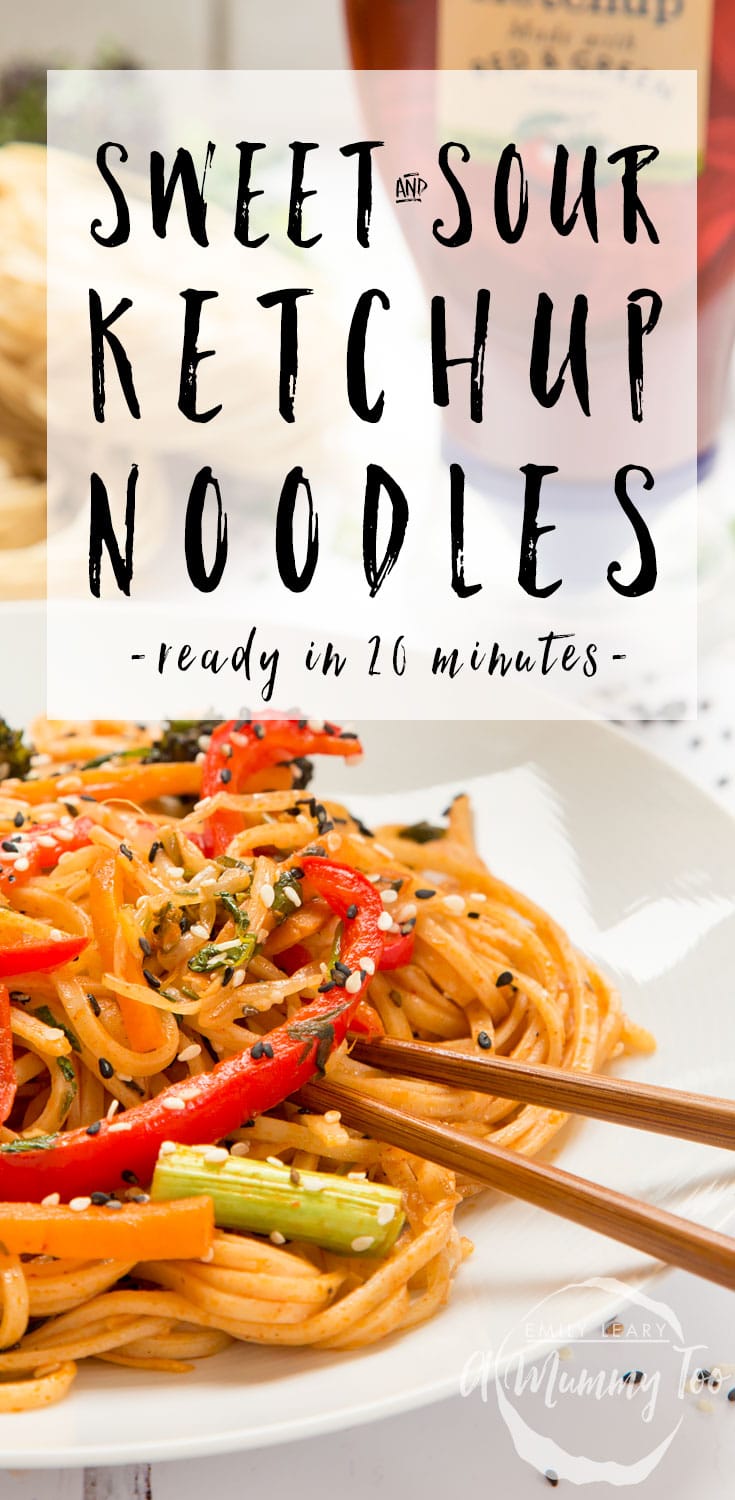This sweet and sour noodle stir fry is ready in just 20 minutes and features a special 'secret ingredient' that makes it tangy! #recipe #noodles #stirfry