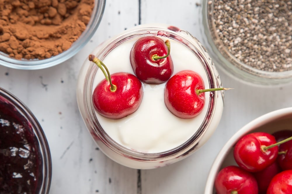 The black forest breakfast jar, topped with three cherries