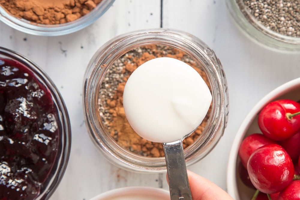 Yogurt is added to the mixture to make this black forest breakfast jar