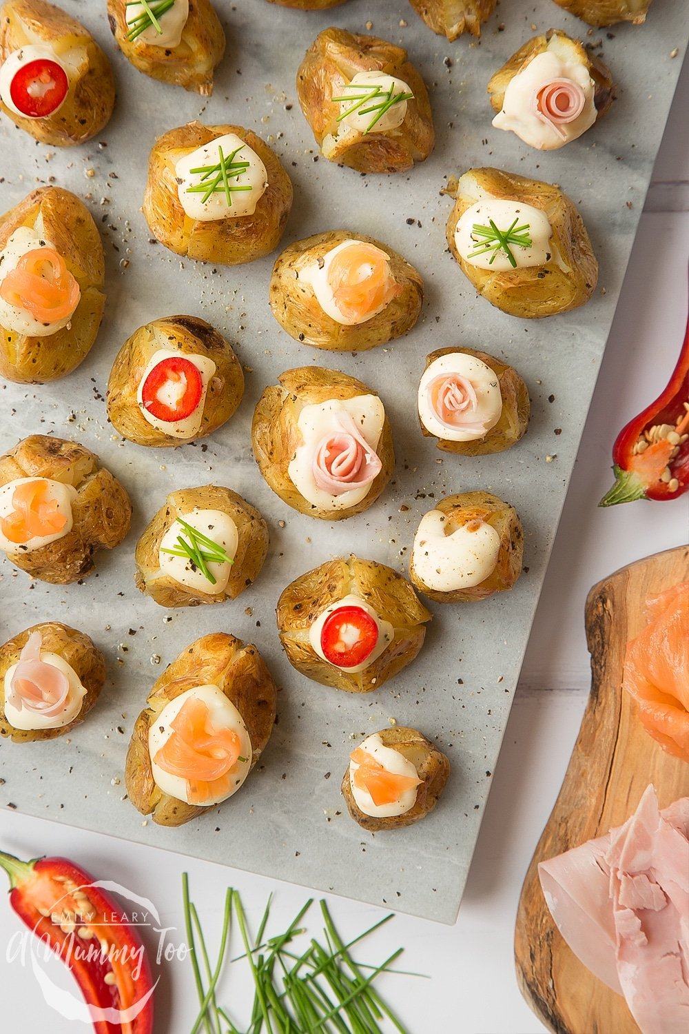 Delicious stuffed mini baked potatoes, ready to serve at a party or on Christmas Eve as a starter