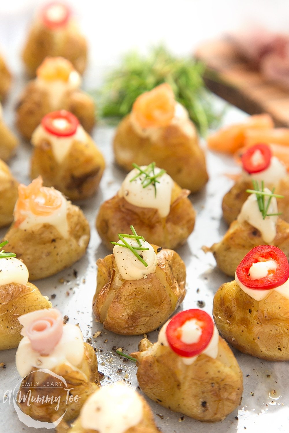 Close up of the stuffed mini baked potatoes with a Primula filling