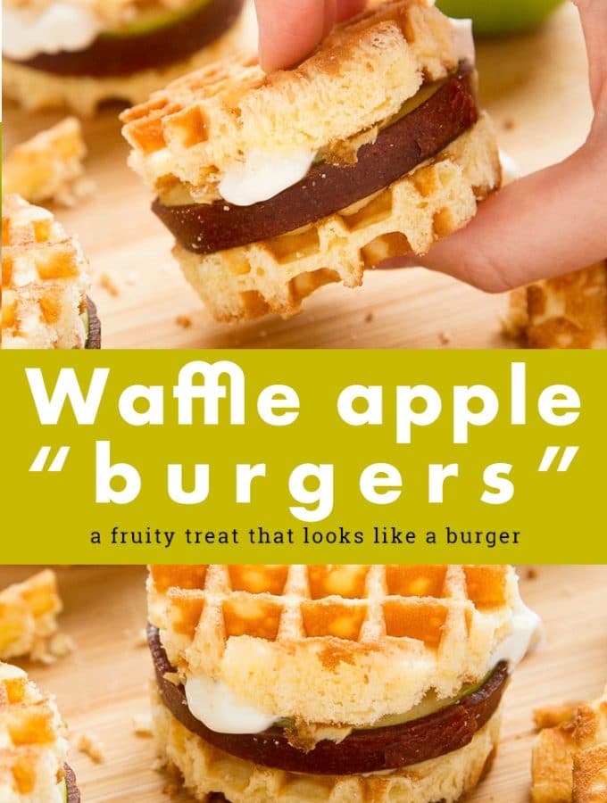 These waffle apple burgers make for a wonderfully fun gluten free dessert! Made with Schar waffles, sliced apple, fruit leather, peanut butter and Greek yogurt #recipe #glutenfree #dessert