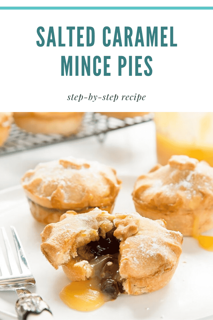 Close up side on shot of the mince pies being served on a white plate. At the top of the image there's some text describing it for Pinterest. 