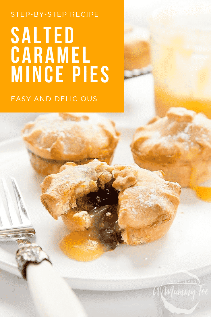 Close up shot of three mince pies on a white plate with a decoative fork at the side. At the top left hand side there's some text describing the image for Pinterest. 