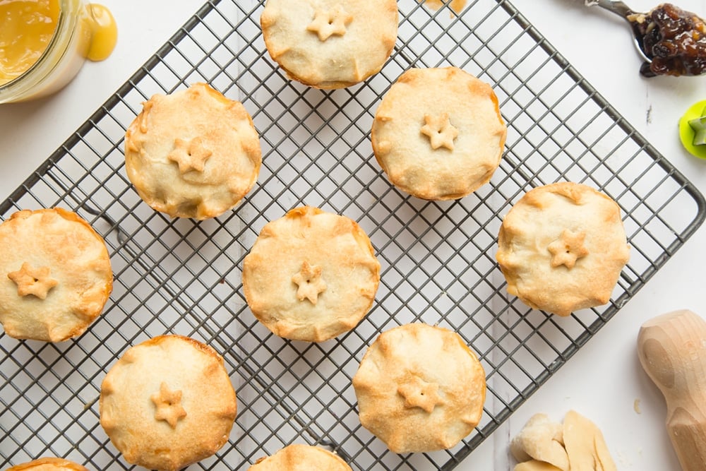 Freshly baked, golden salted caramel mince pies