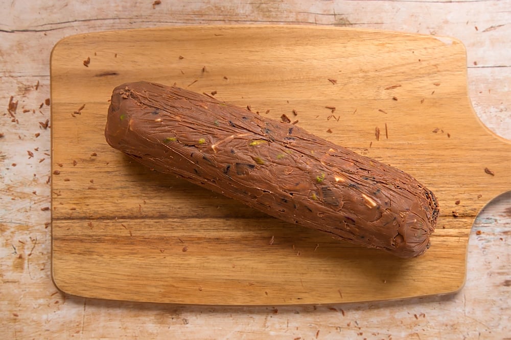 The Christmas spiced chocolate salami after setting in the fridge