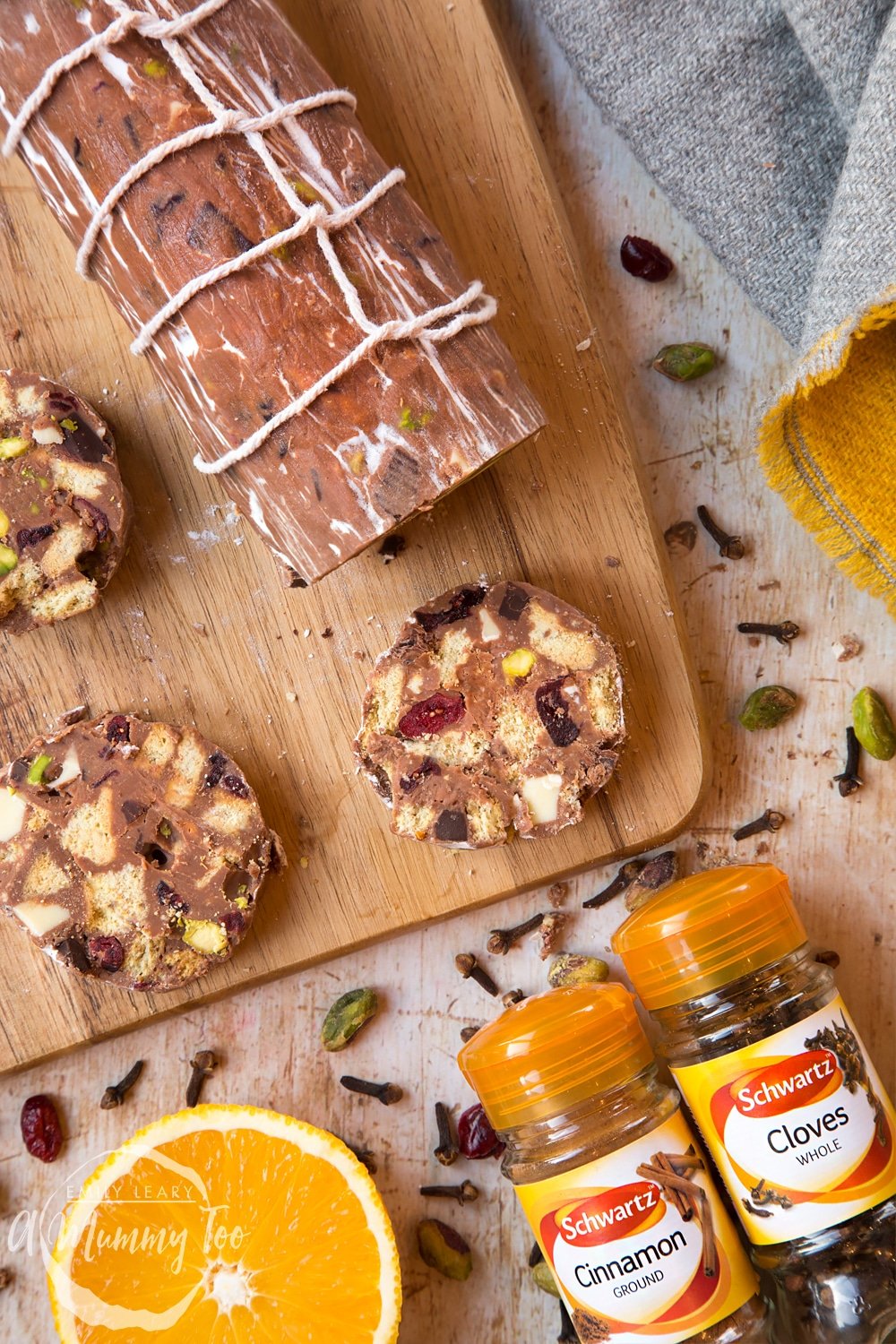 This Christmas spiced chocolate salami is a fridge cake infused with chocolate, spices, and pistachios for a wonderfully tasty festive treat