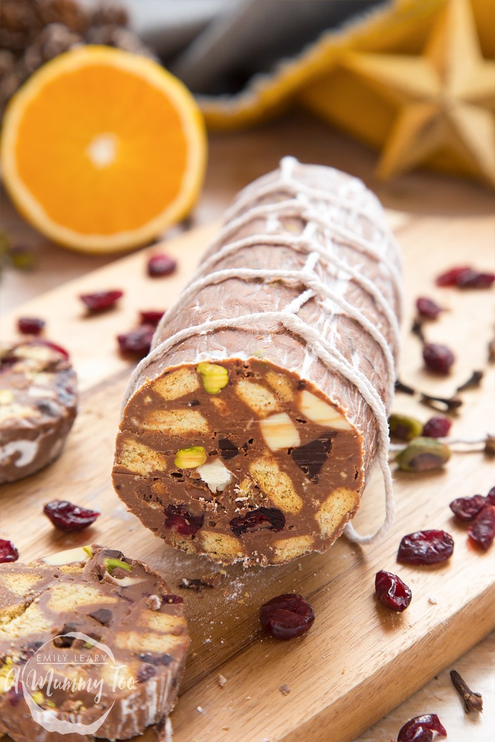 Christmas spiced chocolate salami, served sliced