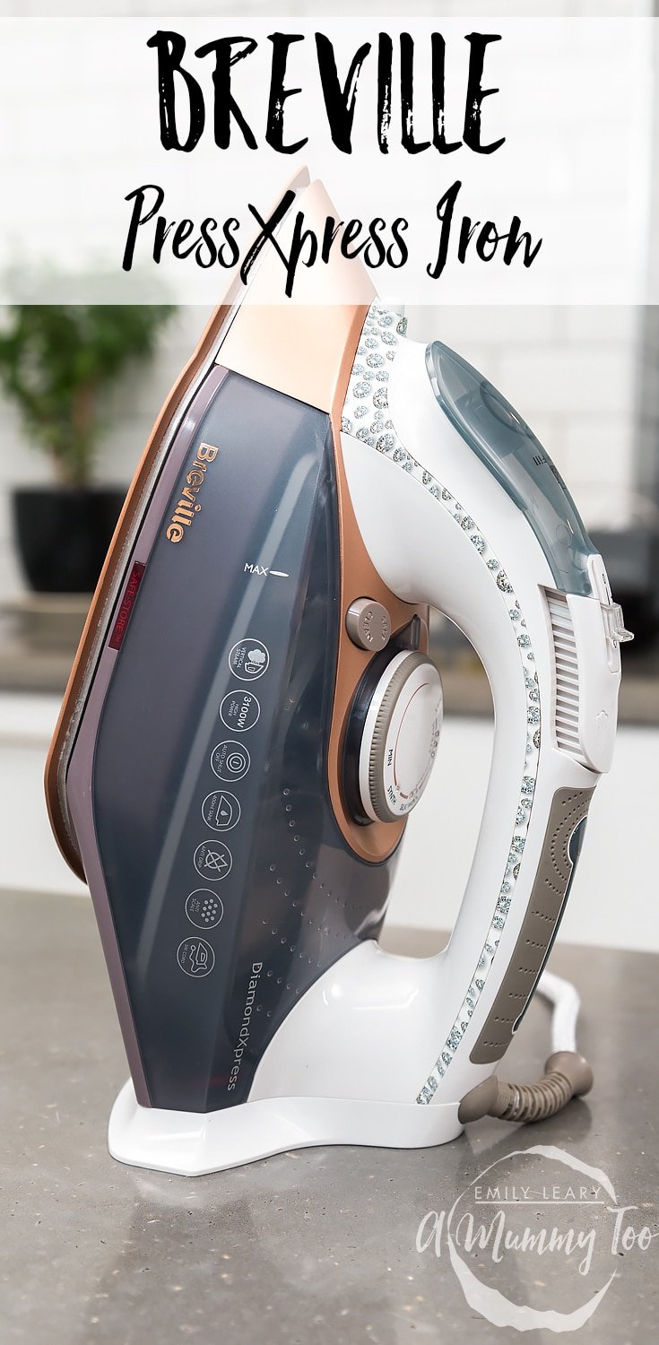 Graphic text with BREVILLE PressXpress Iron above Side angle shot Breville DiamondXpress 3100W Steam Iron with Ceramic Soleplate with amummytoo logo in lower-right corner